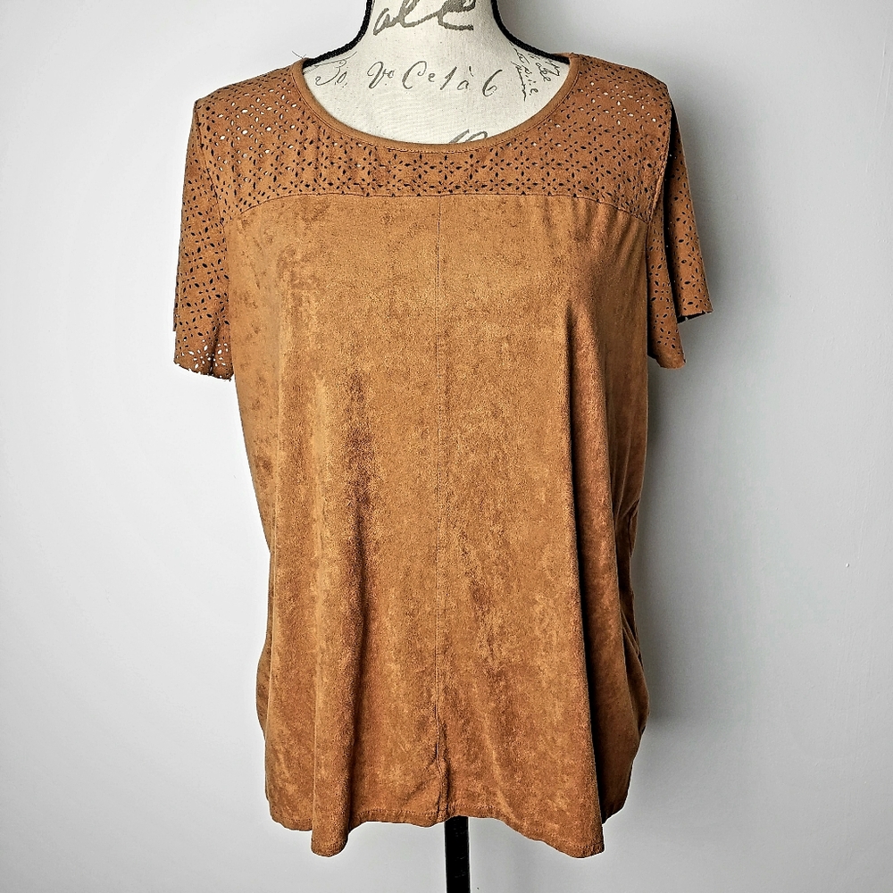 Faux Suede Camel Color Short Sleeve Top